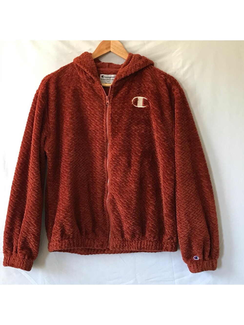 Champion Hoodie S Rust Sherpa Fleece Zip Up Hooded Jacket C Logo